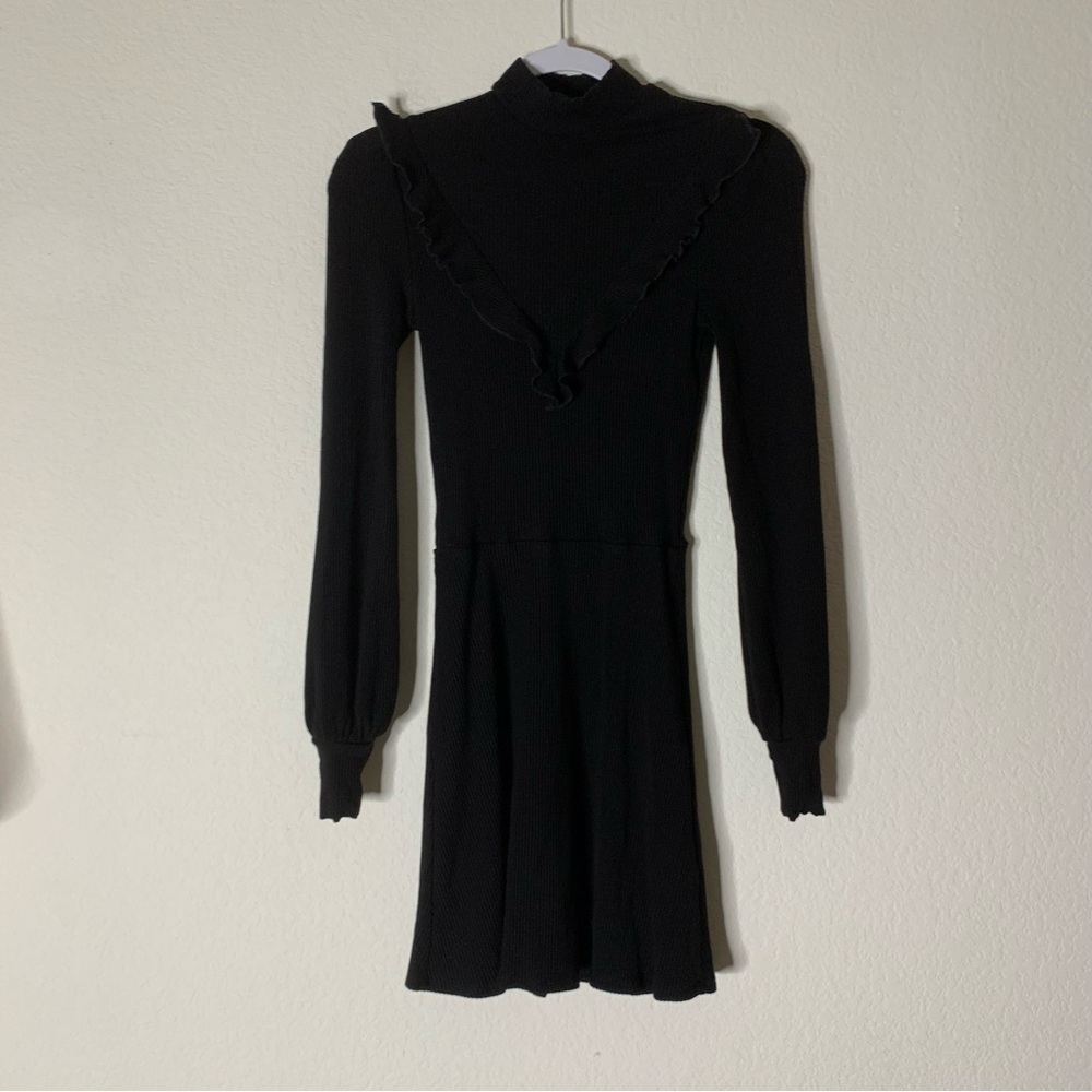 Reformation Womens black chapel ruffled ribbed long sleeve midi dress S